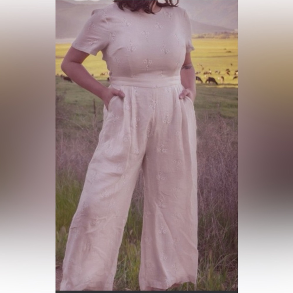 Beige Embroidered Wide Leg Jumpsuit, Cottagecore Boho Floral Romper